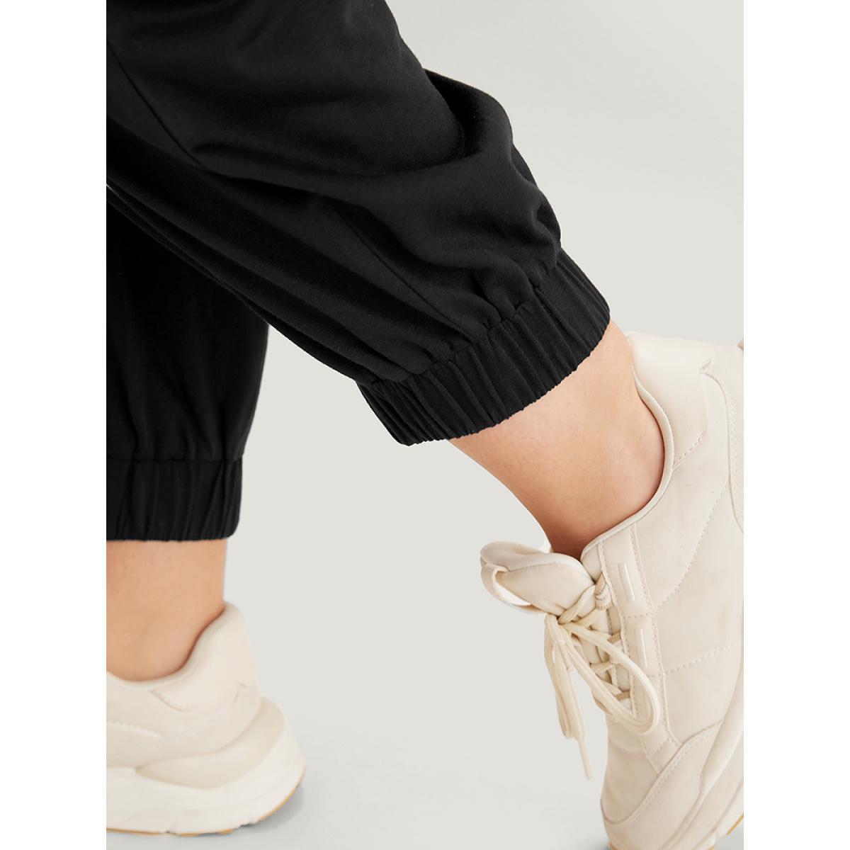 Plain Pocket Contrast Webbing Sweatpants Black Plus Size Women Casual Dailywear Plain 12/L Bloomchic Product Image