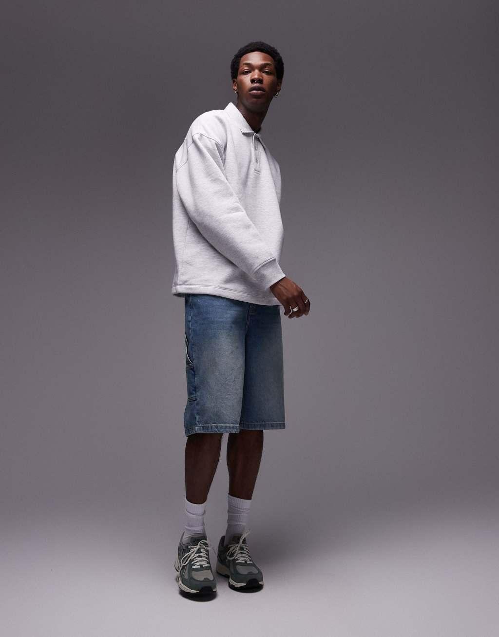 Topman oversized fit sweatshirt polo in ice gray heather Product Image