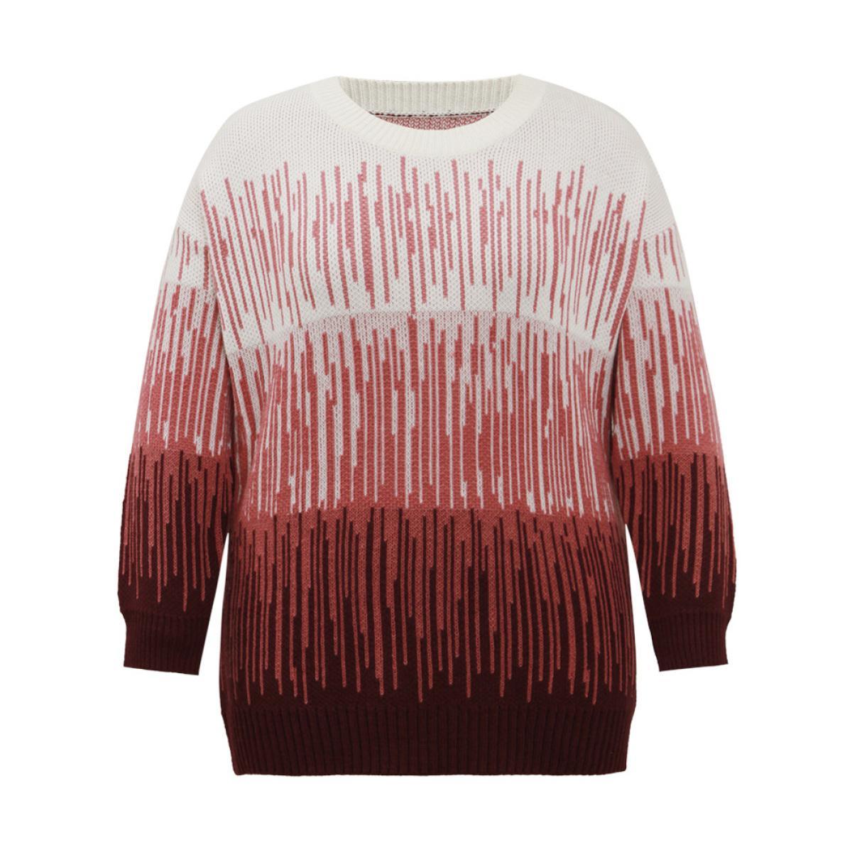 Plus Size Geometric Colorblock Crew Neck Pullover Burgundy Women Casual Loose Long Sleeve Round Neck Dailywear Pullovers BloomChic 28/5X Product Image