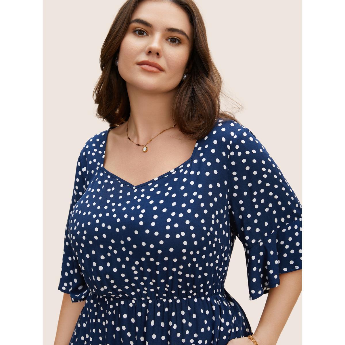 Plus Size Navy Rayon Heart Neckline Polka Dot Ruffles Jumpsuit Women Elegant Elbow-length sleeve Heart neckline Everyday Loose Jumpsuits BloomChic 12/L Product Image