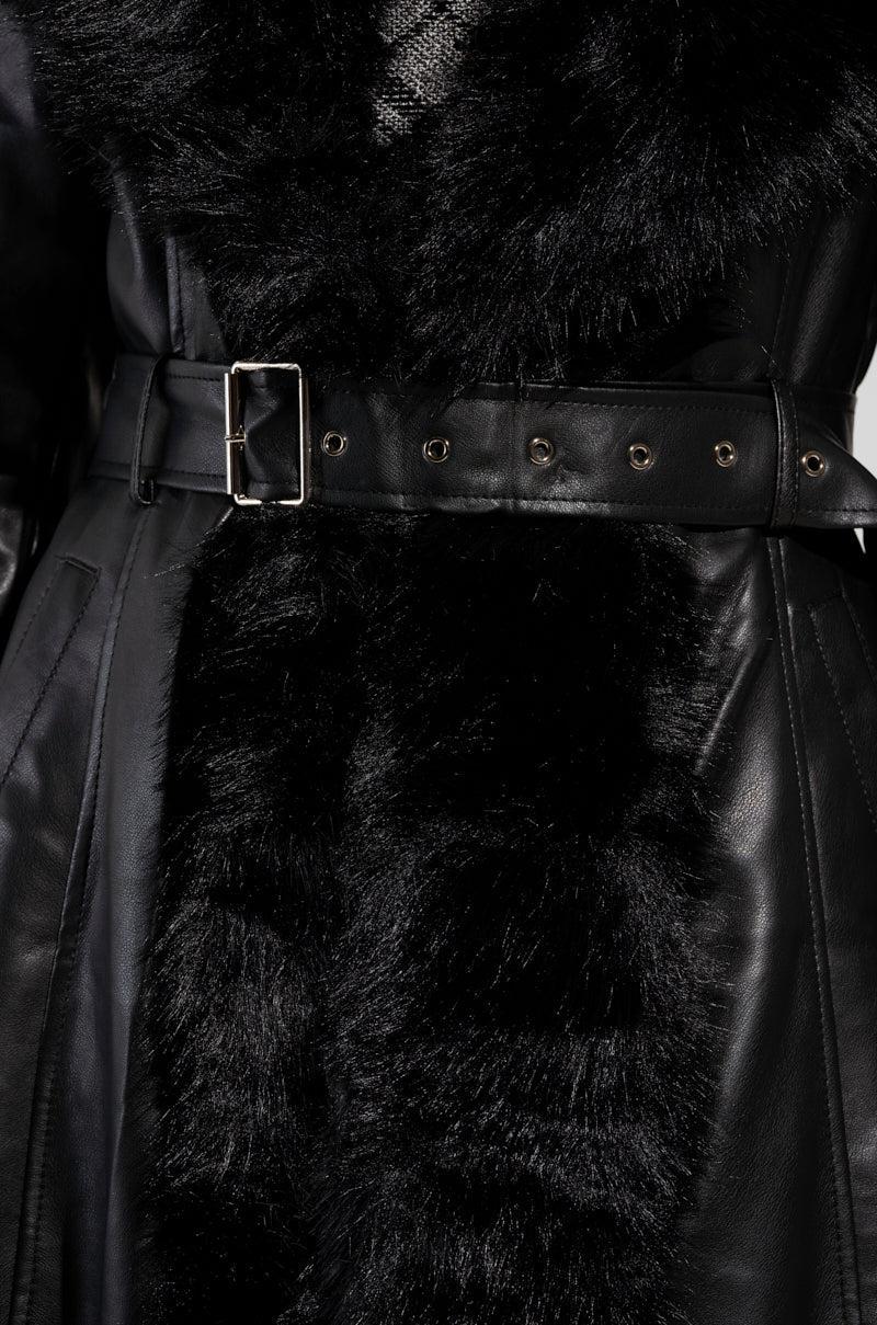 VIVAN LONG PU TRENCH WITH FAUX FUR TRIM Product Image