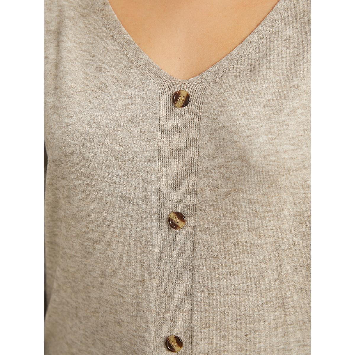 Plus Size Supersoft Essentials Button Detail Solid V Neck Cardigan Champagne Women Casual Elbow-length sleeve Dailywear Cardigans BloomChic 18-20/2X Product Image