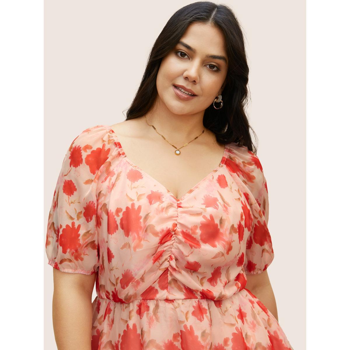 Plus Size Multicolor Floral Elastic Waist Mesh Ruched Blouse Women Elegant Short sleeve Heart neckline Everyday Blouses BloomChic 18-20/2X Product Image