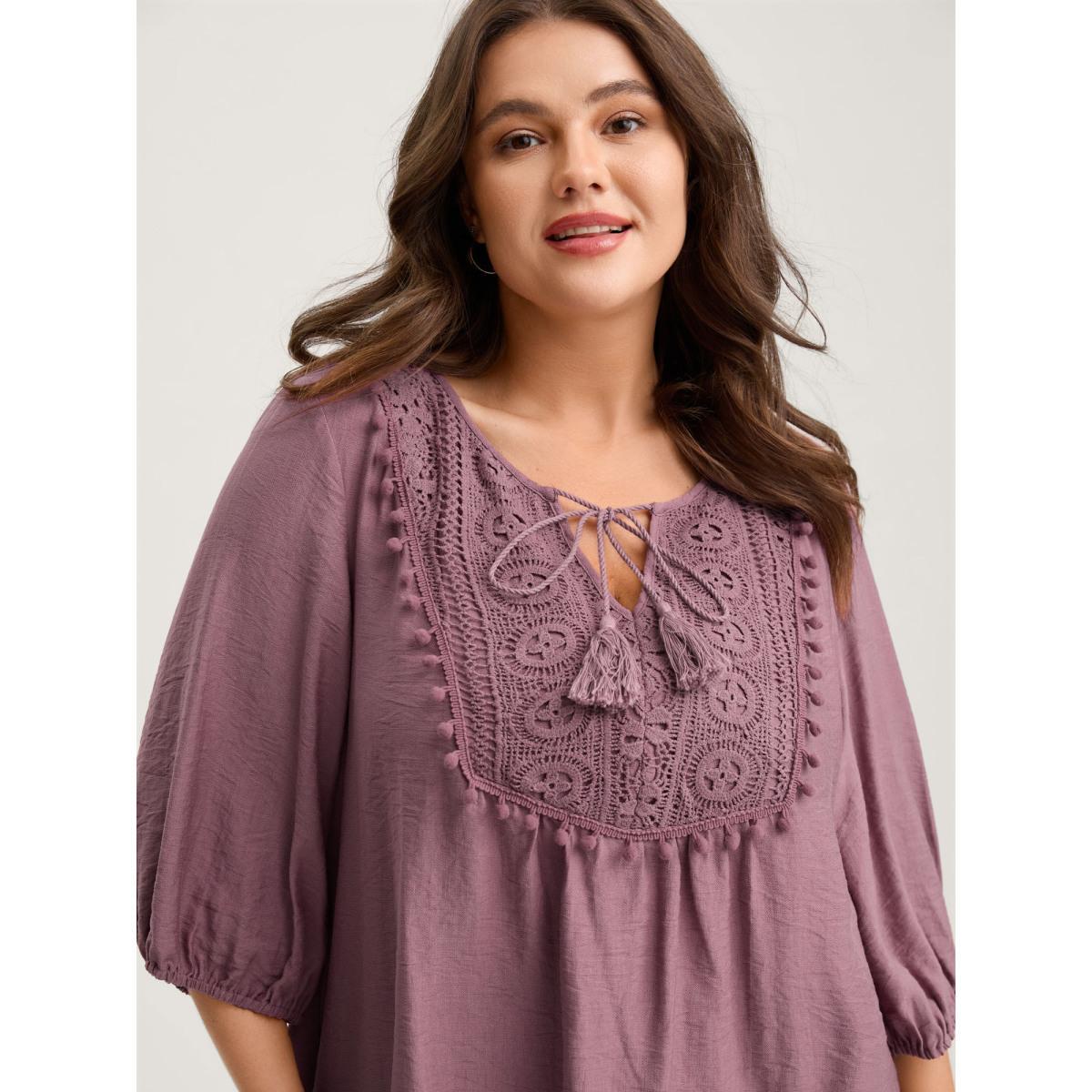 Plus Size Mauve Lace Neck Tie Flowy Solid Blouse Women Elbow-length sleeve V-neck Everyday-Elegant Blouses BloomChic 30/6X Product Image