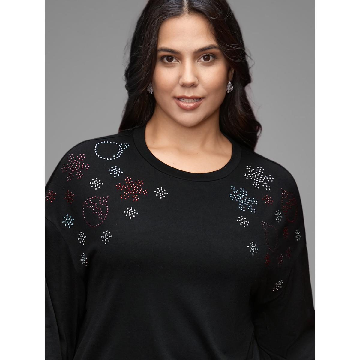 Plus Size Rhinestone Embellished Shoulder Round Neck Tee Black Women Casual Rhinestone detailing Round Neck Everyday T-shirts BloomChic 28/5X Product Image