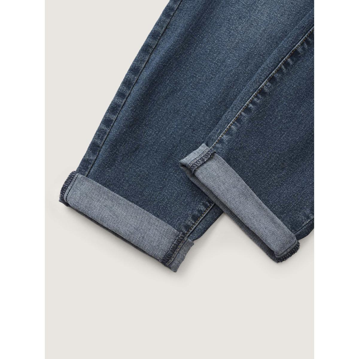 Plus Size Drawstring Elastic Waist Roll Hem Jeans Women DarkBlue Casual Plain Drawstring High stretch Slanted pocket Jeans BloomChic 26/4X Product Image