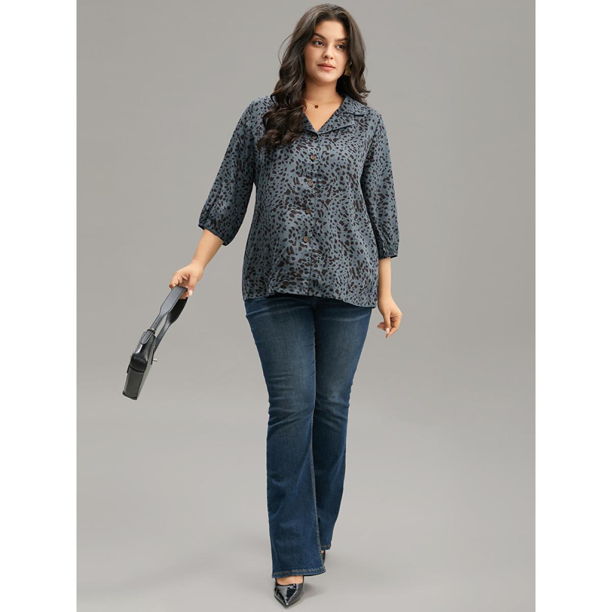 Plus Size Stone Leopard Suit Collar Elastic Cuffs Button Through Blouse Women Office Elbow-length sleeve Suit Collar Work Blouses BloomChic 28/5X Product Image