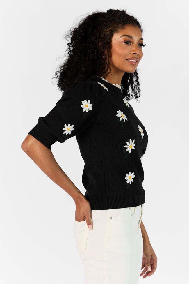 Around The Garden Black Floral Embroidered Lace Trim Short Sleeve Sweater SALE Product Image