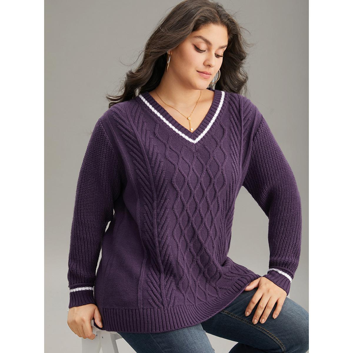 Plus Size Plain Texture Contrast V Neck Cable Knit Pullover Eggplant Women Casual Loose Long Sleeve V-neck Dailywear Pullovers BloomChic 22-24/3X Product Image
