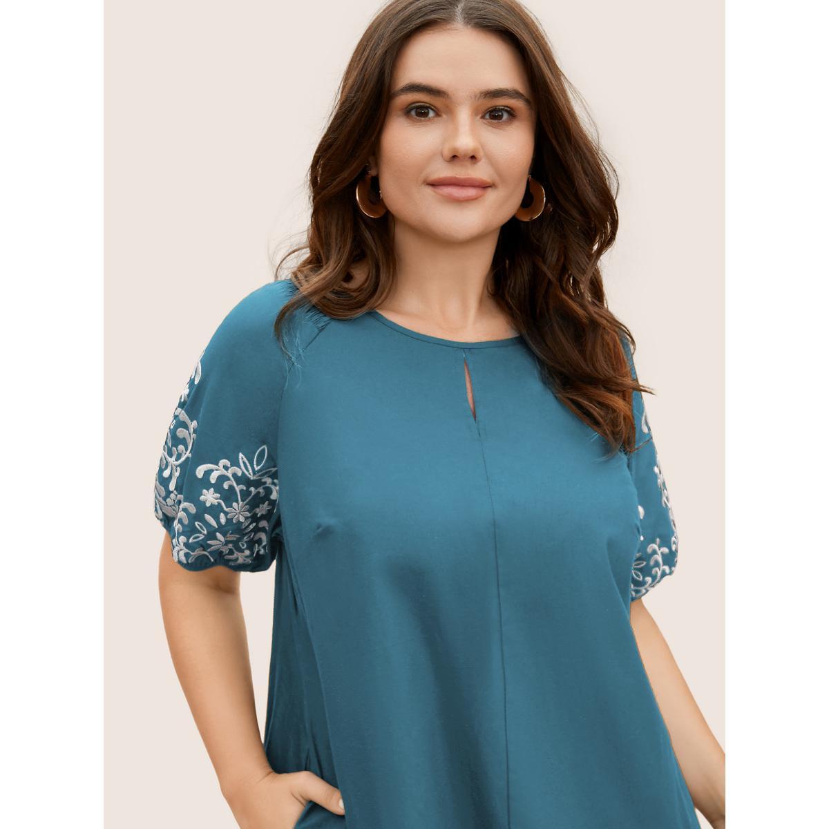 Plus Size Floral Embroidered Keyhole Lantern Sleeve Dress Cerulean Women Casual Gathered Round Neck Half Sleeve Curvy BloomChic 28/5X Product Image