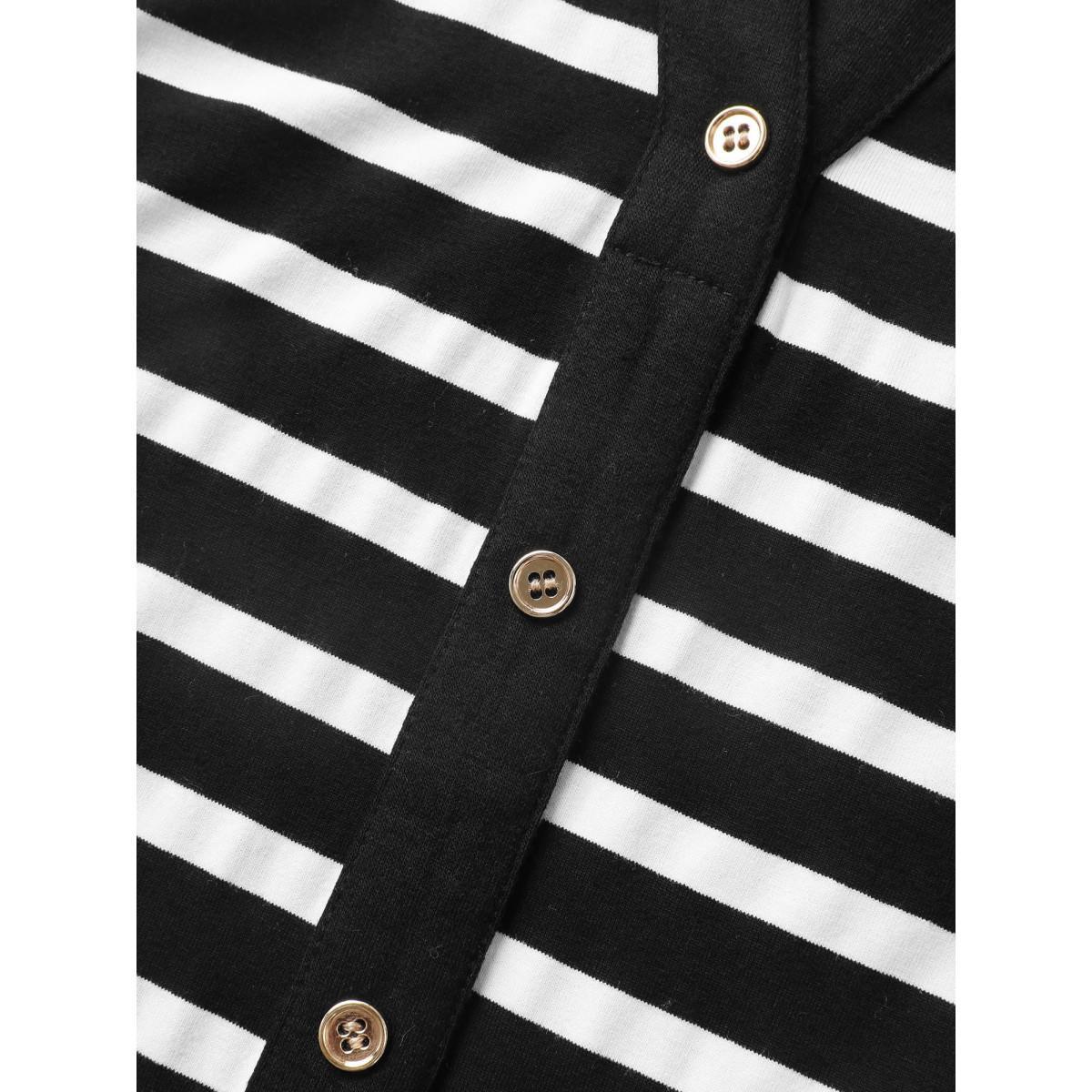 Plus Size Lapel Collar Striped Button Detail Midi Dress Black Women Work From Home Button Shirt collar Sleeveless Curvy BloomChic 18-20/2X Product Image