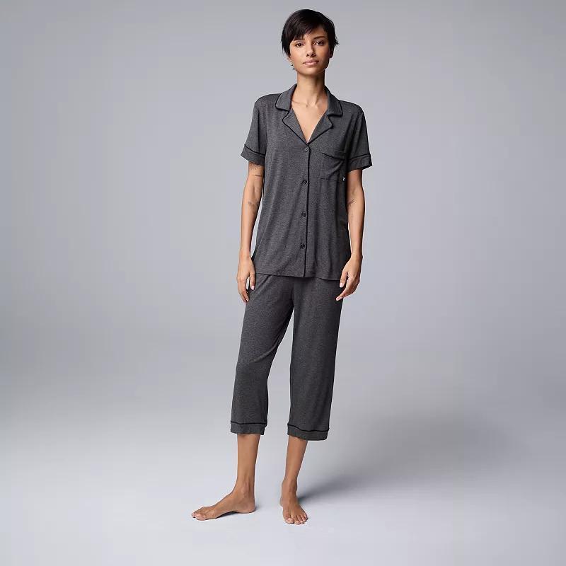 Women's Simply Vera Vera Wang Basic Luxury Notch Collar Pajama Shirt & Pajama Capris Set, Size: XS, Black Product Image
