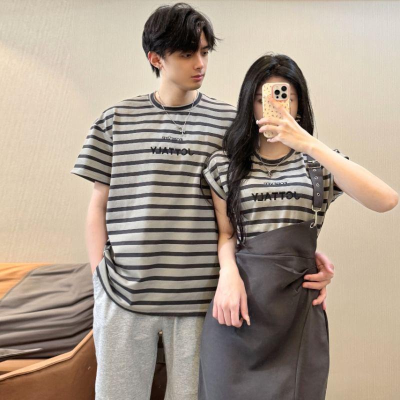 Couple Matching Cap-Sleeve Round Neck Mock Two-Piece Striped Ruched Slit Midi Sheath Dress / Short-Sleeve Tee / Plain Wide Leg Shorts (Various Designs) Product Image