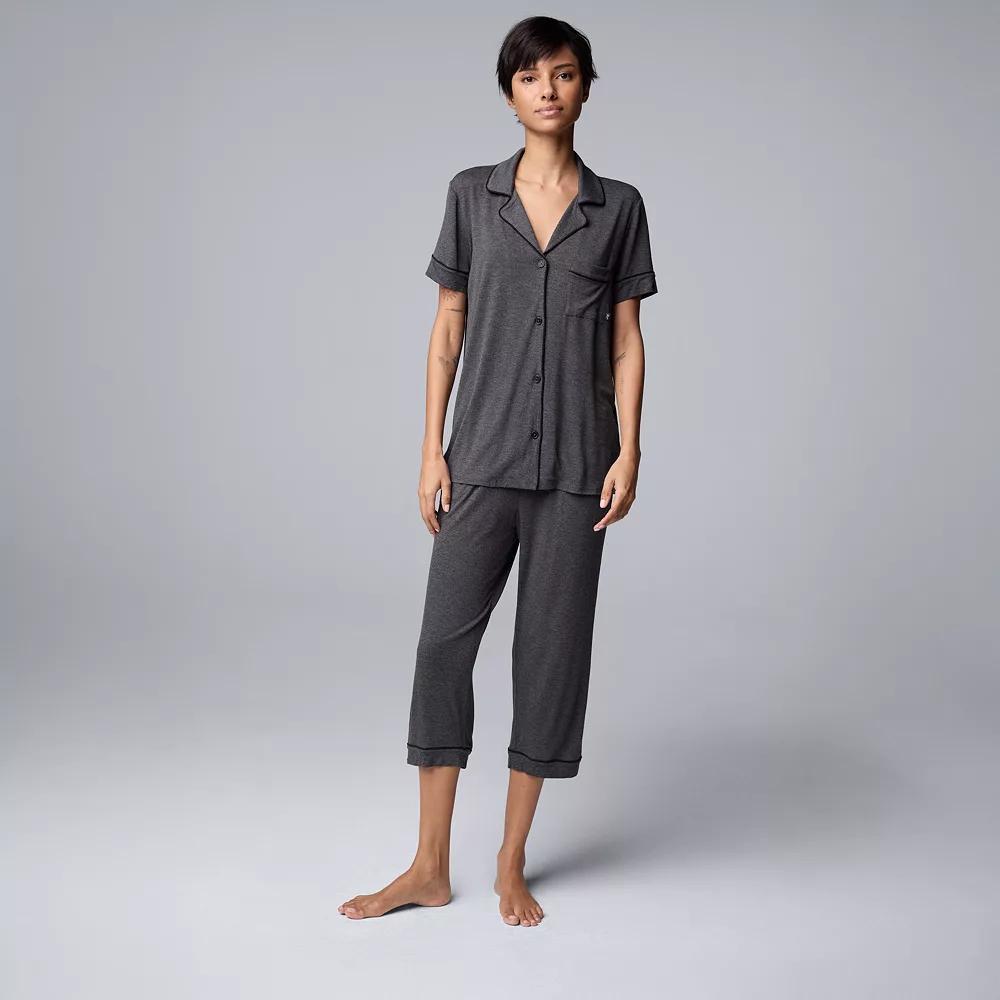 Women's Simply Vera Vera Wang Basic Luxury Notch Collar Pajama Shirt & Pajama Capris Set, Size: XS, Black Product Image
