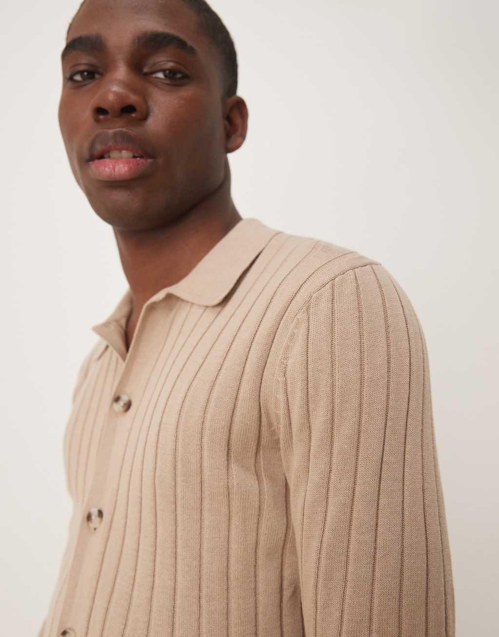 ASOS DESIGN lightweight knit rib button through polo in stone Product Image