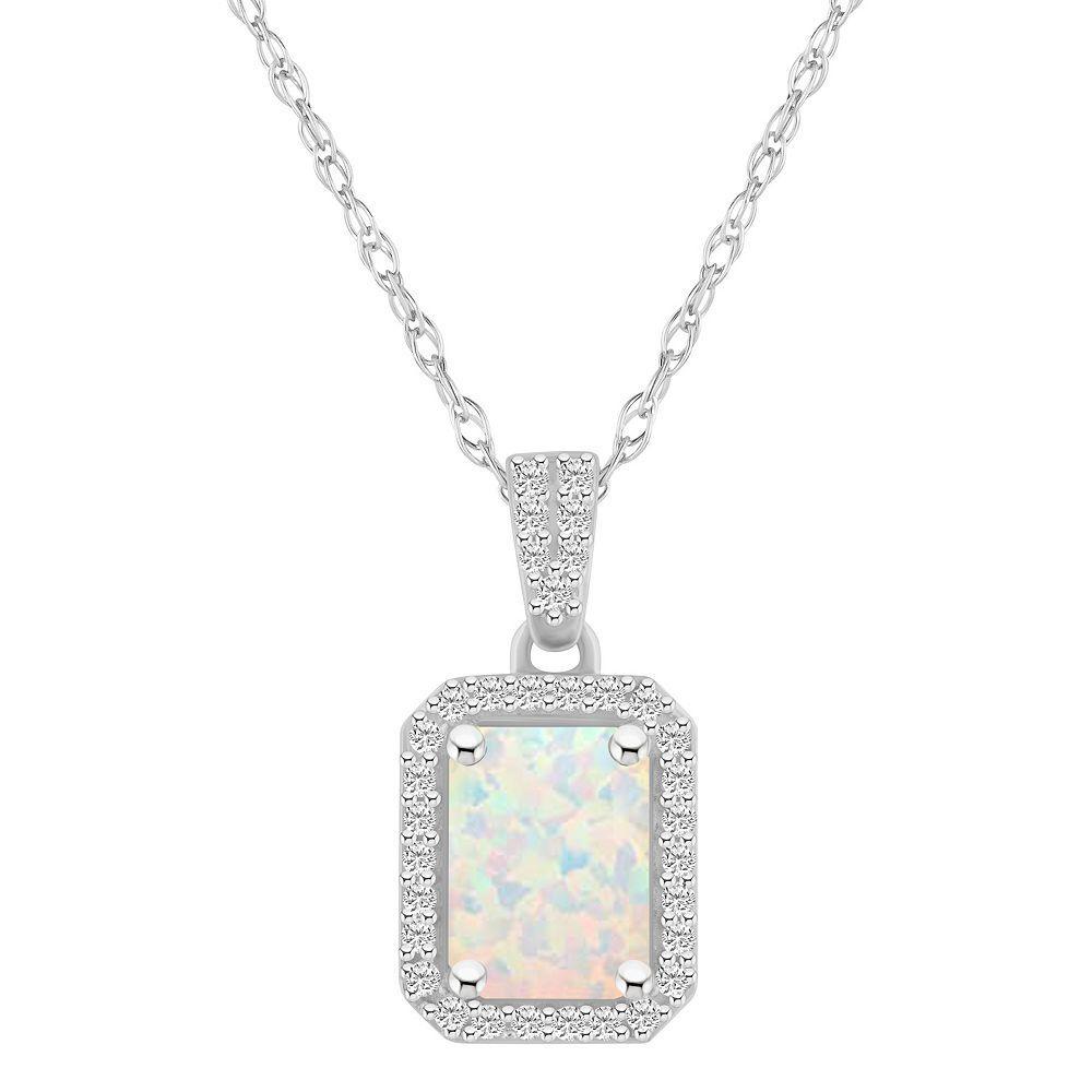 Celebration Gems 10k White Gold Emerald Cut Gemstone & Lab-Created White Sapphire Halo Pendant Necklace, Women's, Size: 18" Product Image