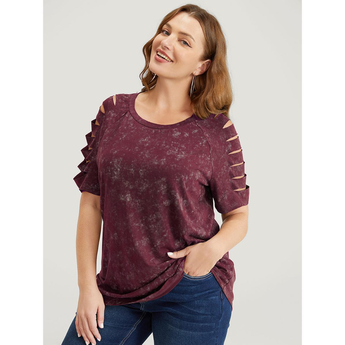 Plus Size Solid Cut Out Raglan Sleeve T-shirt Burgundy Women Casual Cut-Out Plain Round Neck Dailywear T-shirts BloomChic 12/L Product Image