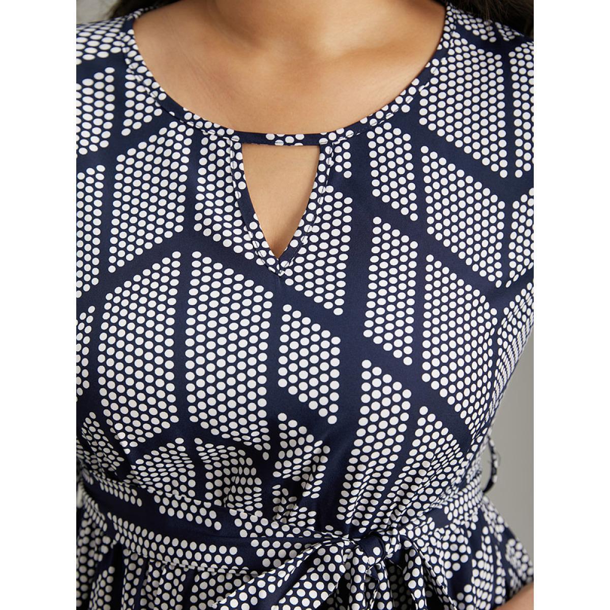 Plus Size Polka Dot Geometric Keyhole Belted Dress Indigo Women At the Office Belted Keyhole Cut-Out Half Sleeve Curvy Midi Dress BloomChic 10/M Product Image