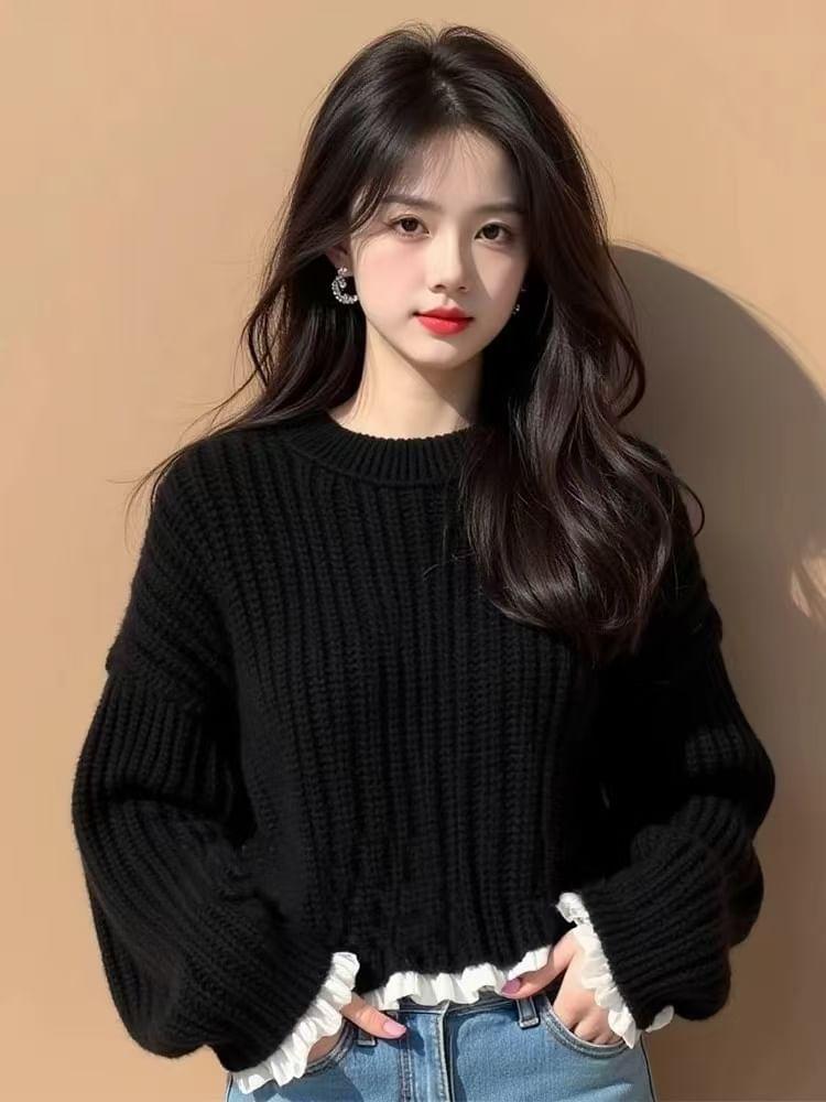 Crewneck Frill Trim Plain Sweater Product Image