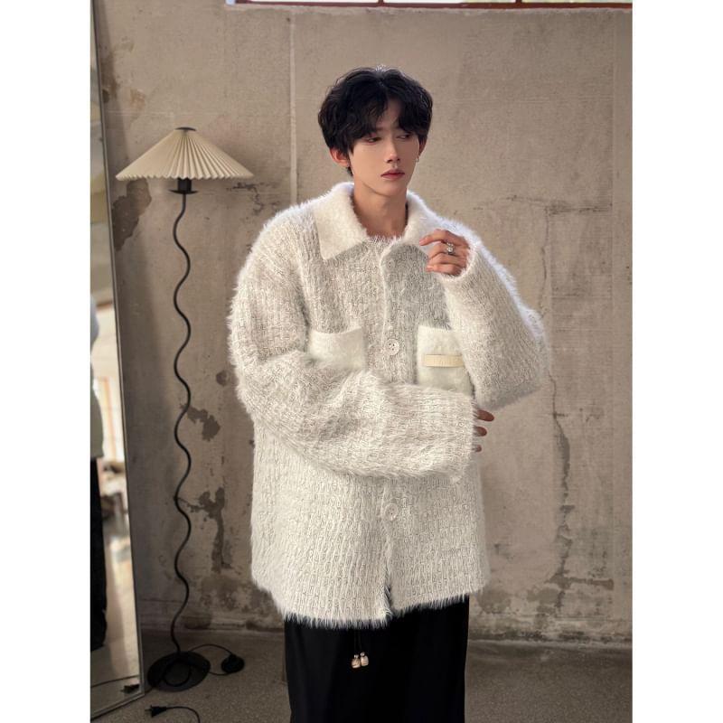 Collar Plain Pocket Detail Fluffy Cardigan Product Image