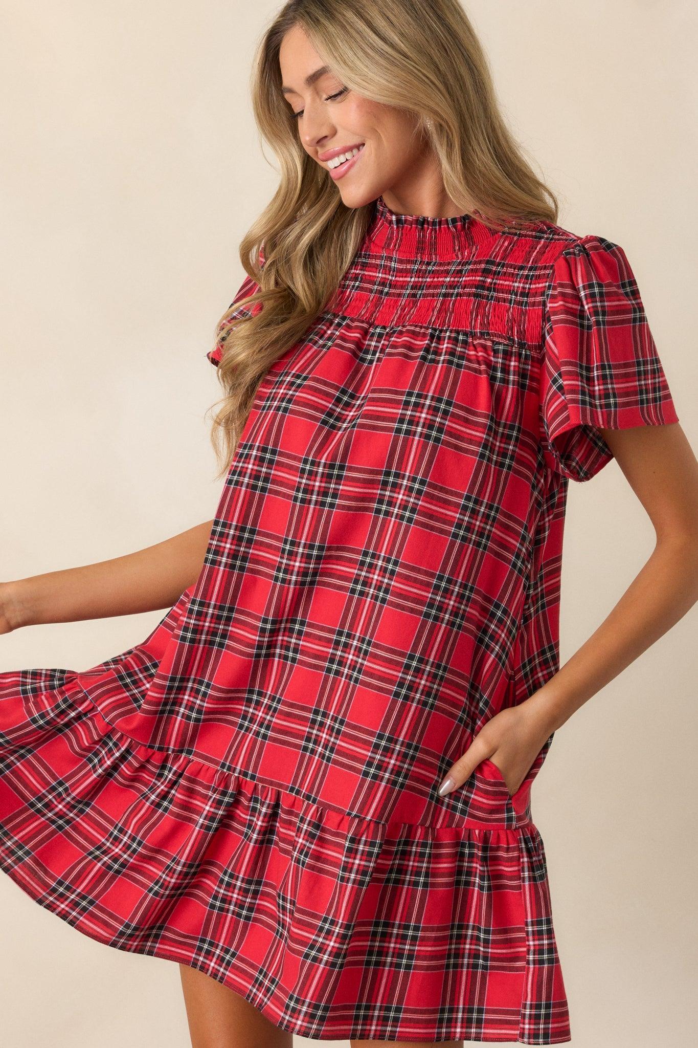 Candlelight Chats Cotton Red Plaid Mock Neck Mini Dress Product Image