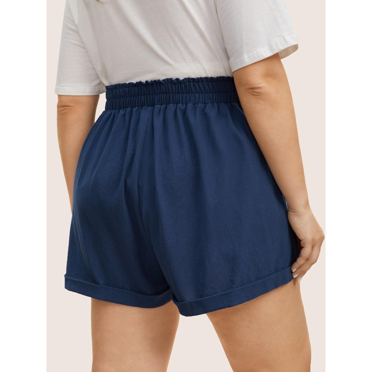 Plus Size Paperbag Waist Tie Knot Roll Hem Shorts Women DarkBlue Elegant Tie knot Wide Leg Everyday Shorts BloomChic 14-16/1X Product Image