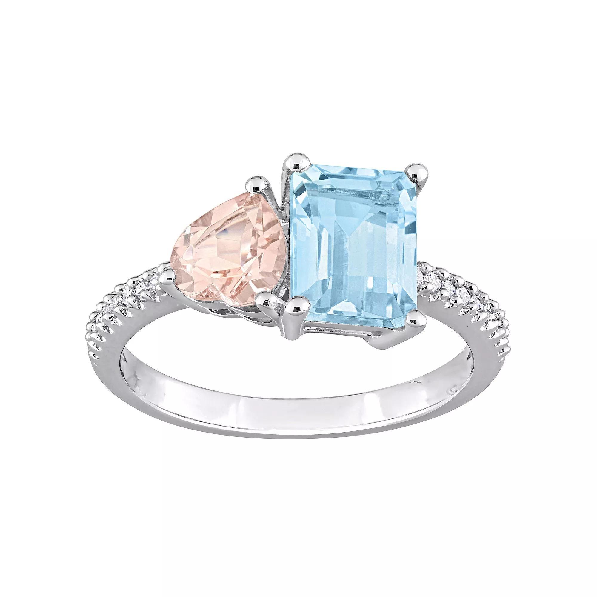 Stella Grace Sterling Silver Sky Blue Topaz, Morganite & 1/10 Carat T.W Diamond Toi & Moi Ring, Women's, Size: 5 Product Image