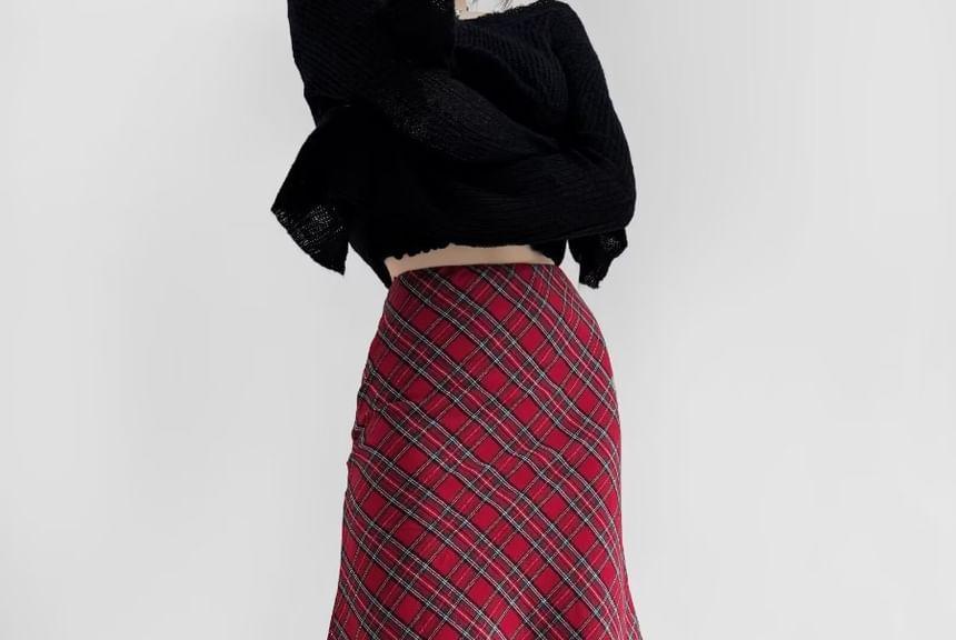 High Waist Plaid Fishtail Skirt Product Image