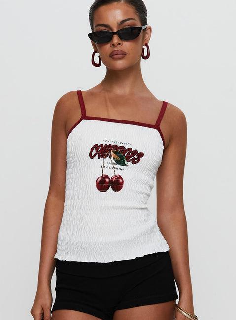 Cherrie Ties Shirred Graphic Top White Product Image