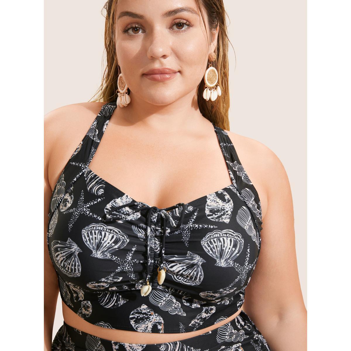 Plus Size Shell Print Drawstring Ruched Skinny Swim Top Women's Swimwear Black Beach Gathered High stretch Skinny Heart neckline Curve Swim Tops BloomChic 14-16/1X Product Image