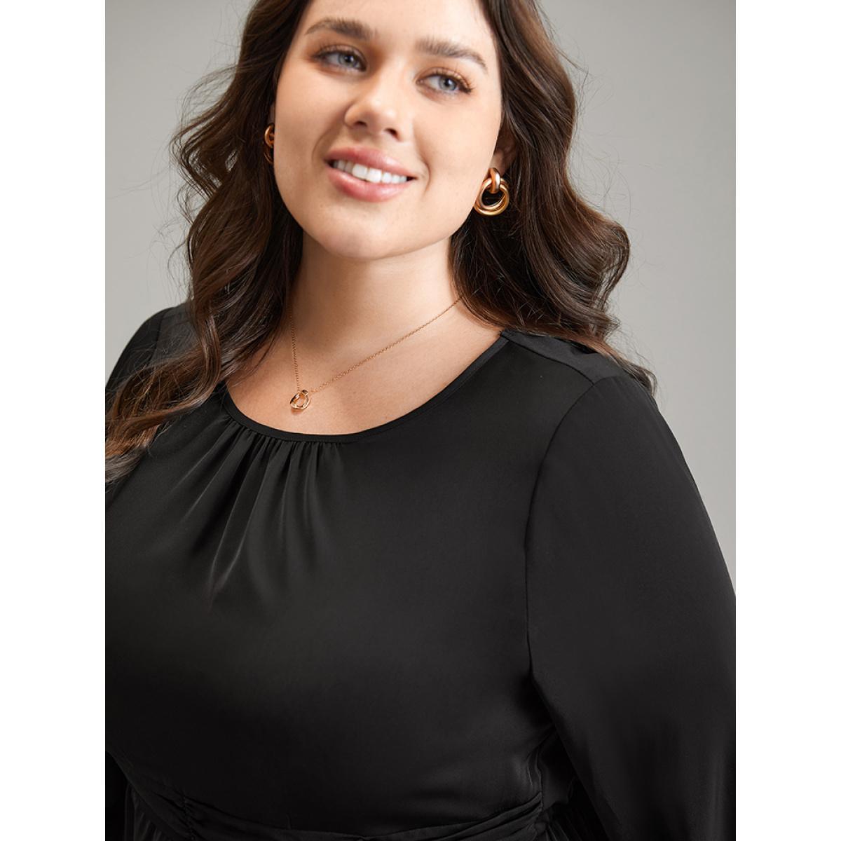 Plus Size Black Anti-Wrinkle Plain Ruched Elastic Waist Blouse Women Office Long Sleeve Round Neck Work Blouses BloomChic 22-24/3X Product Image
