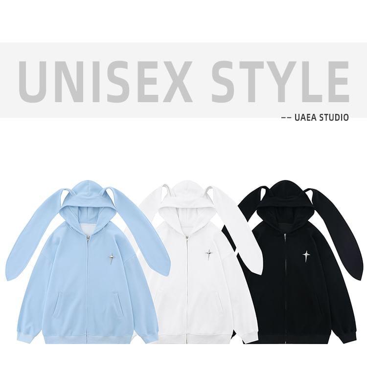 Couple Matching Plain Rabbit Ear Zip Hoodie Product Image