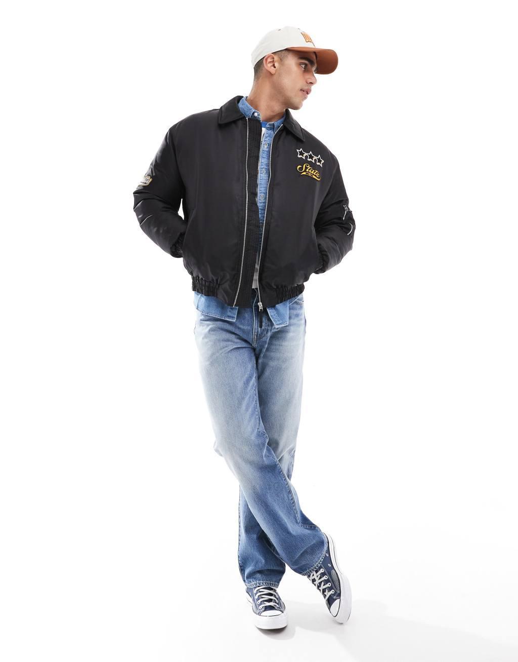 ASOS DESIGN oversized bomber jacket in black with badges Product Image