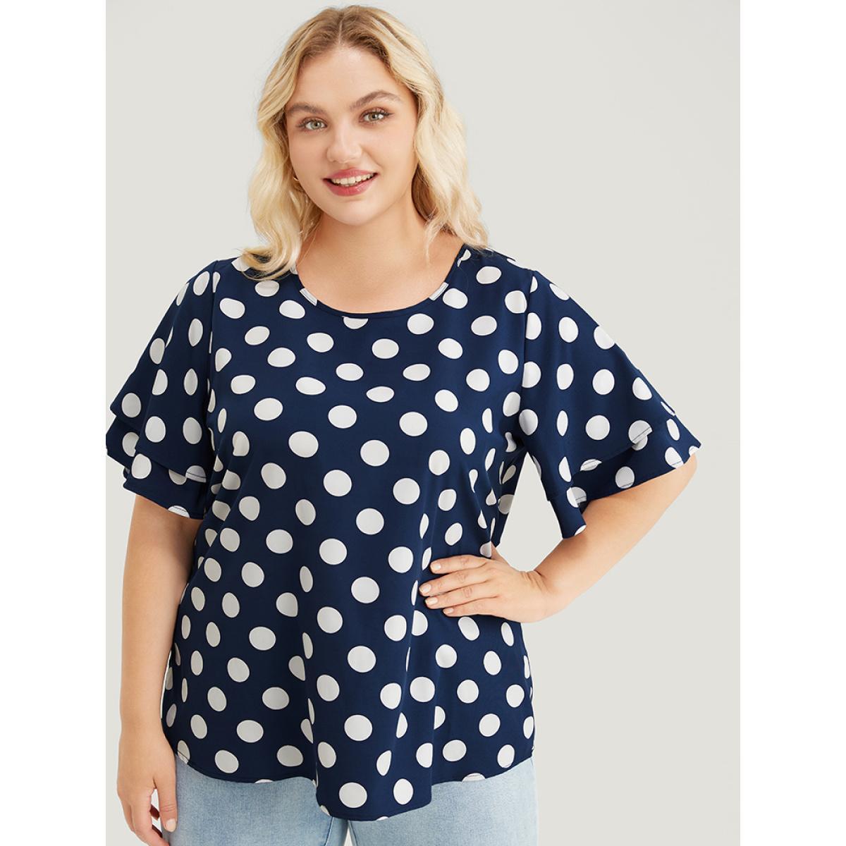 Plus Size Indigo Polka Dot Ruffle Tiered Sleeve Blouse Women Office Short sleeve Round Neck Work Blouses BloomChic 14-16/1X Product Image