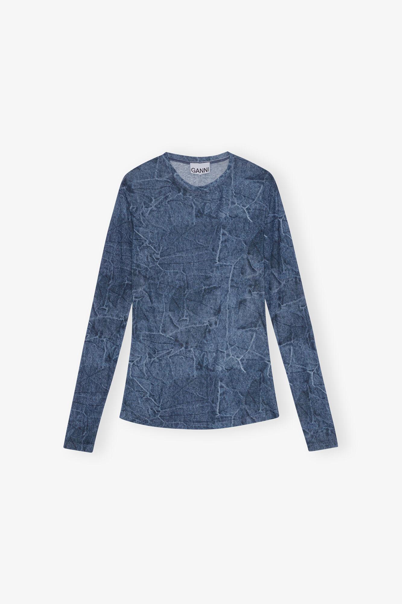 Blue Printed Mesh Long Sleeve Blouse Product Image