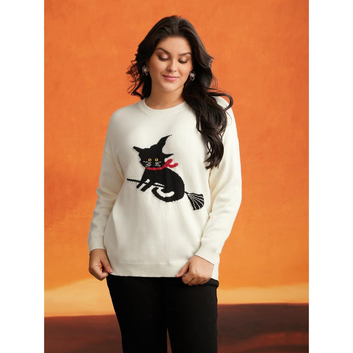 Plus Size Supersoft Essentials Bewitched Cat Crew Neck Pullover Ivory Women Casual Long Sleeve Round Neck Everyday Pullovers BloomChic 26/4X Product Image