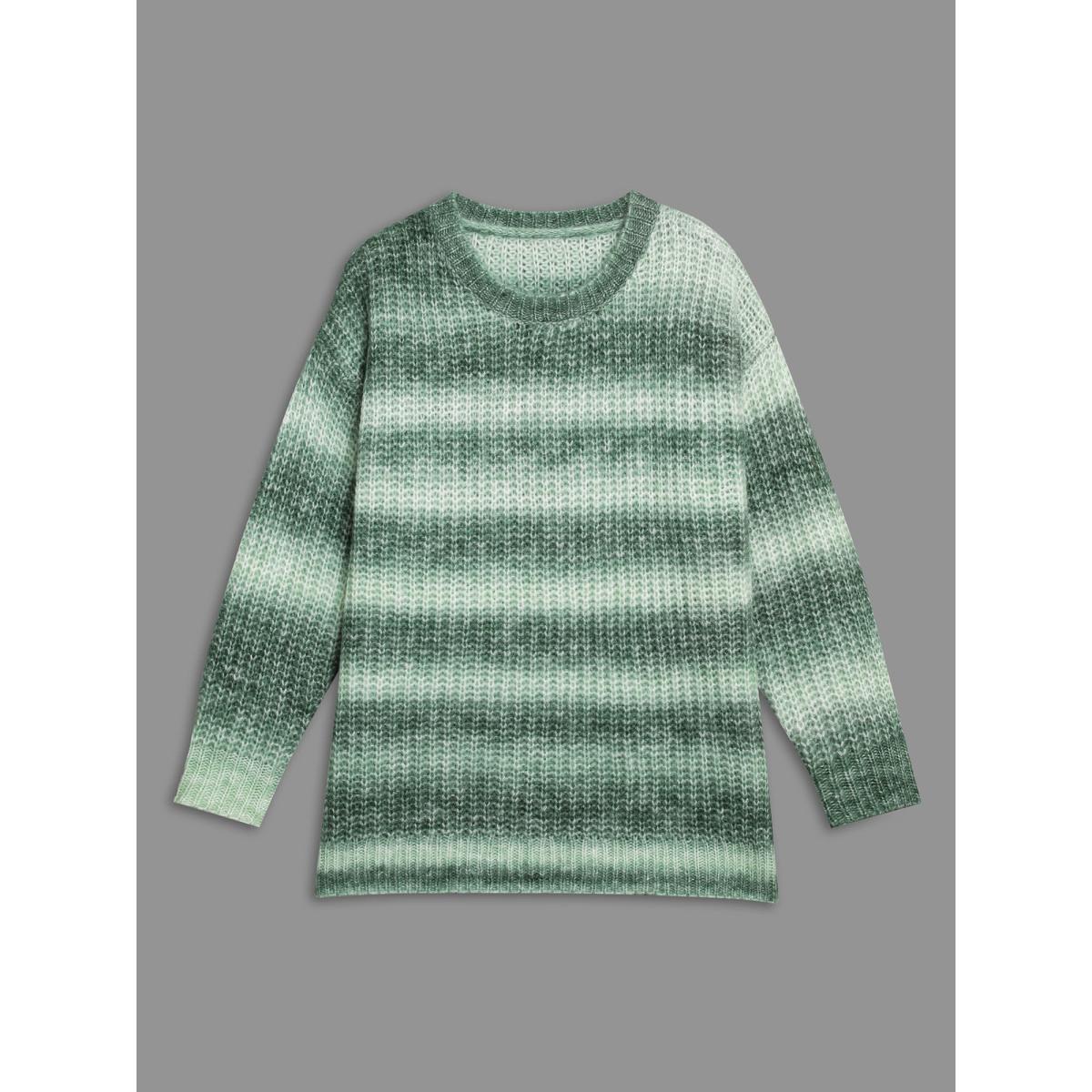 Plus Size Striped Ribbed Knit Drop Shoulder Pullover Moss Women Casual Loose Long Sleeve Round Neck Everyday Pullovers BloomChic 28/5X Product Image