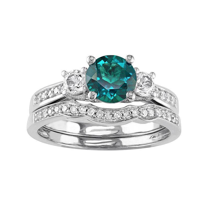 Stella Grace 10k White Gold Lab-Created Emerald, White Sapphire & 1/6 Carat T.W. Diamond Engagement Ring Set, Women's, Size: 5 Product Image