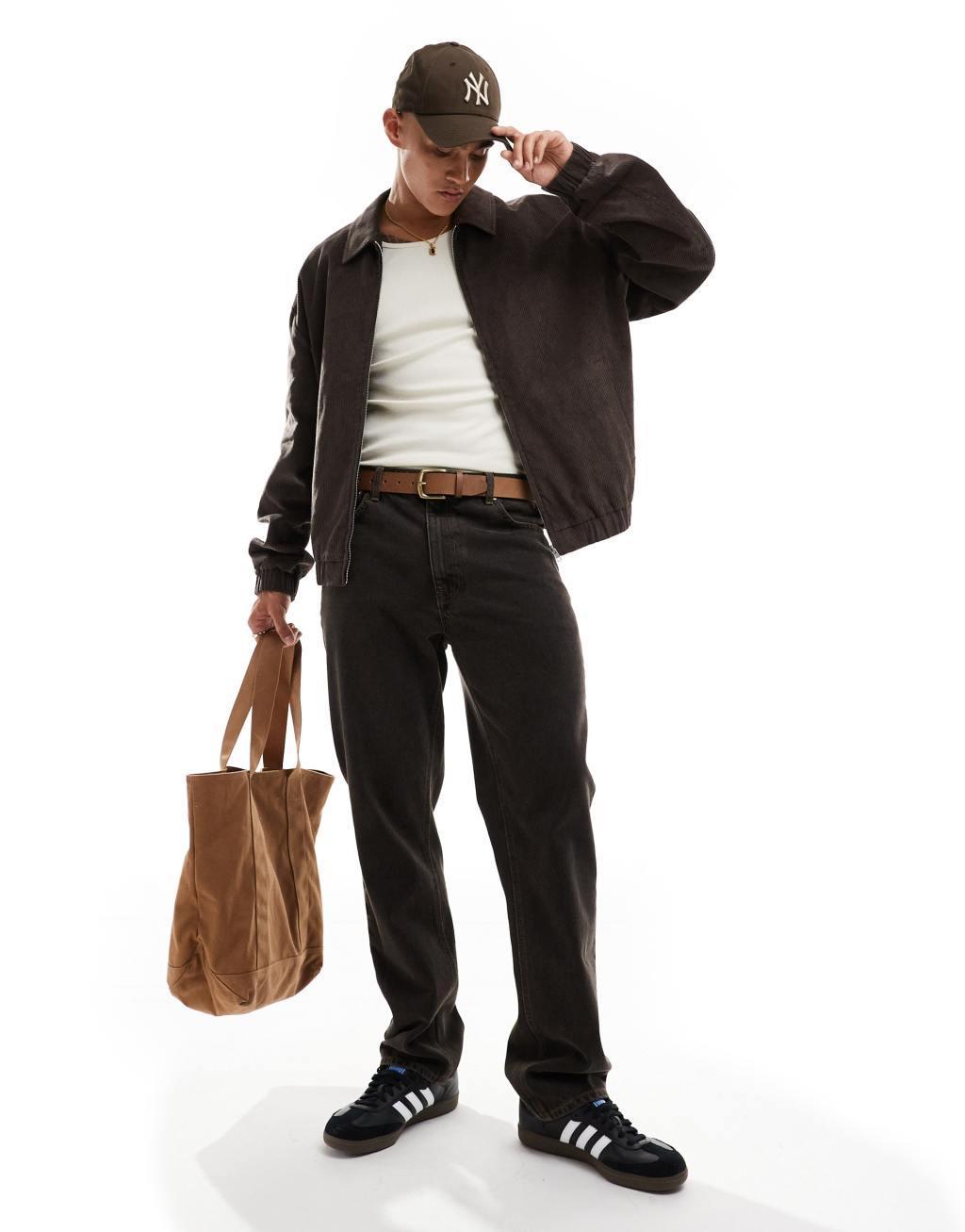 ASOS DESIGN oversized cord harrington jacket in brown Product Image