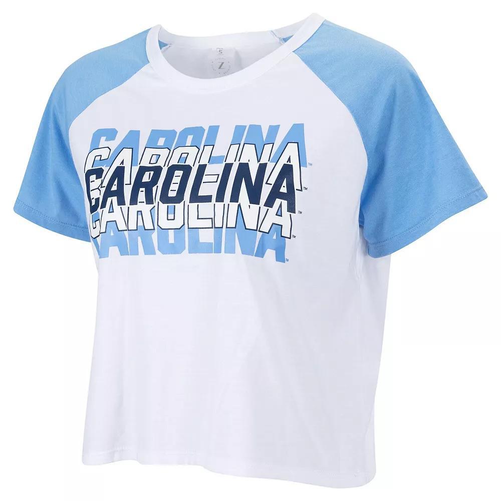 Women's ZooZatz White North Carolina Tar Heels Colorblock Repeat Raglan Cropped T-Shirt, Size: Medium Product Image