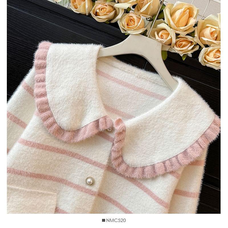 Peter Pan-Collar Striped Cardigan with Pocket Product Image