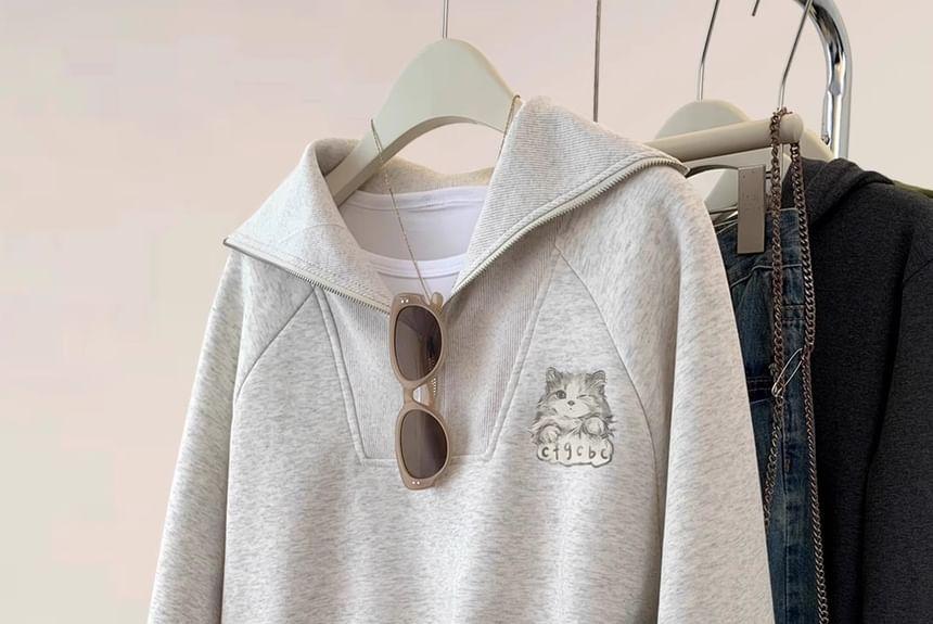 Stand Collar Cat Print Half-Zip Sweatshirt Product Image