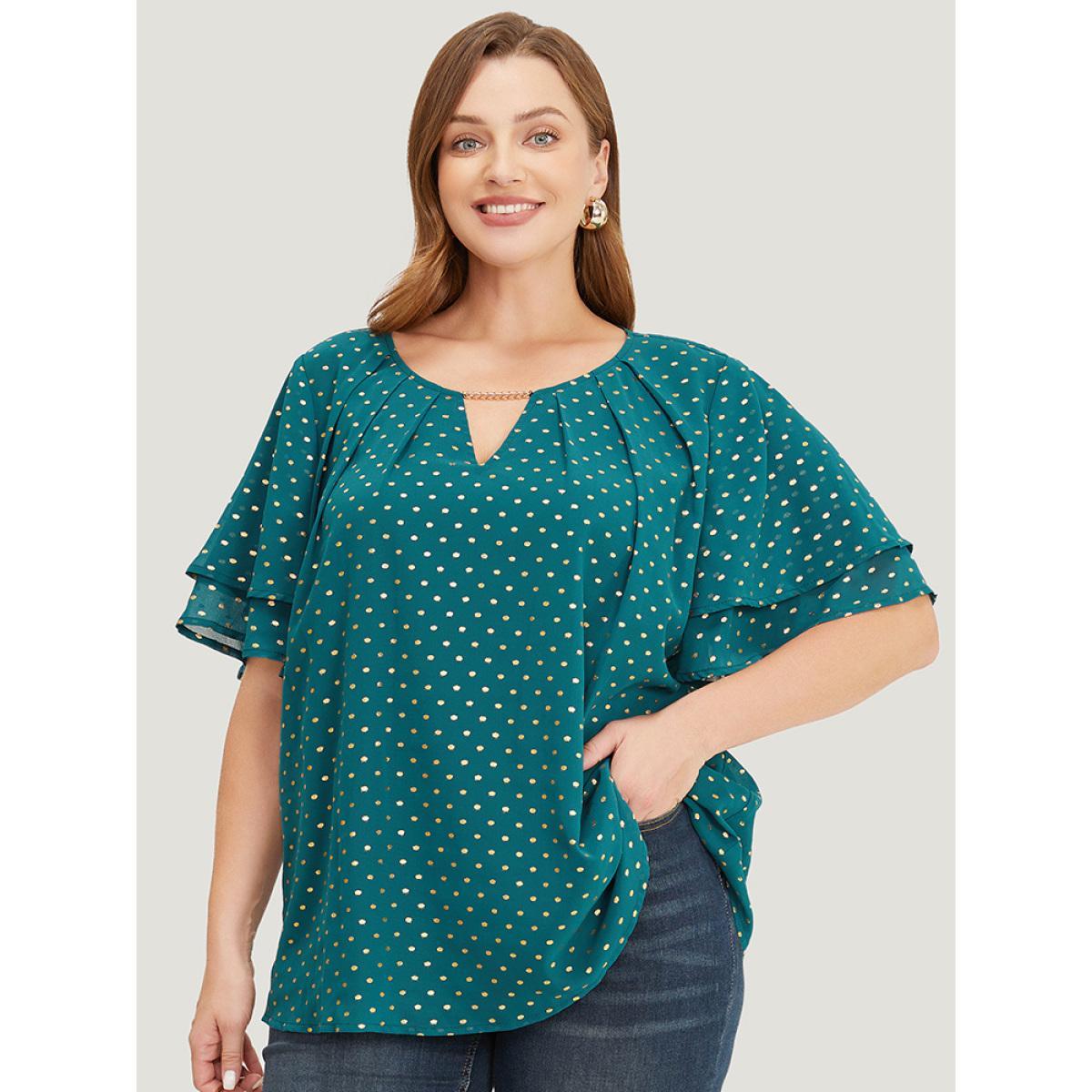 Plus Size DarkGreen Polka Dot Glitter Tiered Sleeve Pleated Keyhole Chain Neck Blouse Women Party Short sleeve Round Neck Going out Blouses BloomChic 14-16/1X Product Image