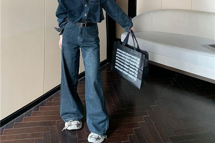 Long-Sleeve Washed Button-Up Denim Shirt / High Rise Wide Leg Jeans Product Image