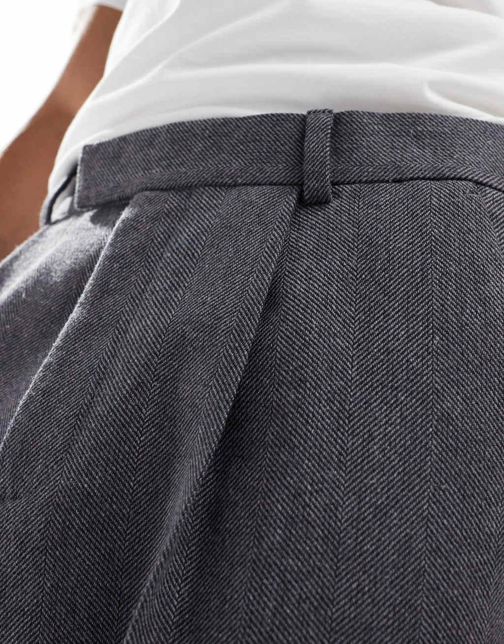 ASOS DESIGN smart wide leg pleated wool mix pants in charcoal herringbone Product Image