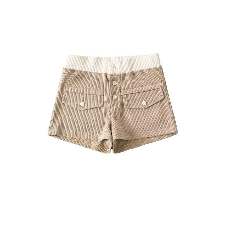 Elastic Waist Contrast Trim Button Fly Ribbed Knit Shorts Product Image