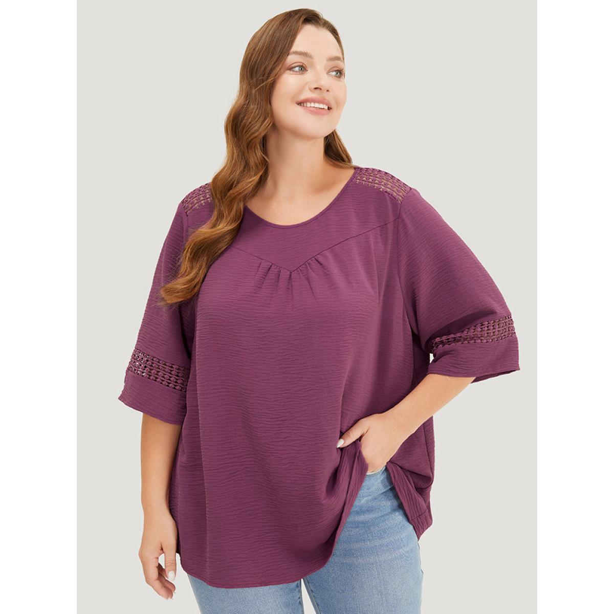 Plus Size Mauve Solid Gathered Lace Patchwork Blouse Women Elegant Elbow-length sleeve Round Neck Dailywear Blouses BloomChic 30/6X Product Image
