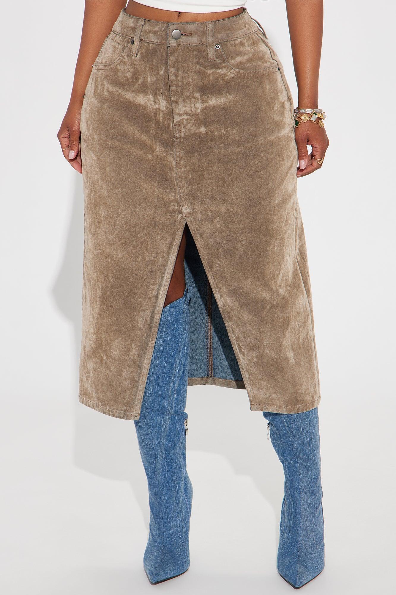 Jane Velvet Denim Midi Skirt - Brown Product Image