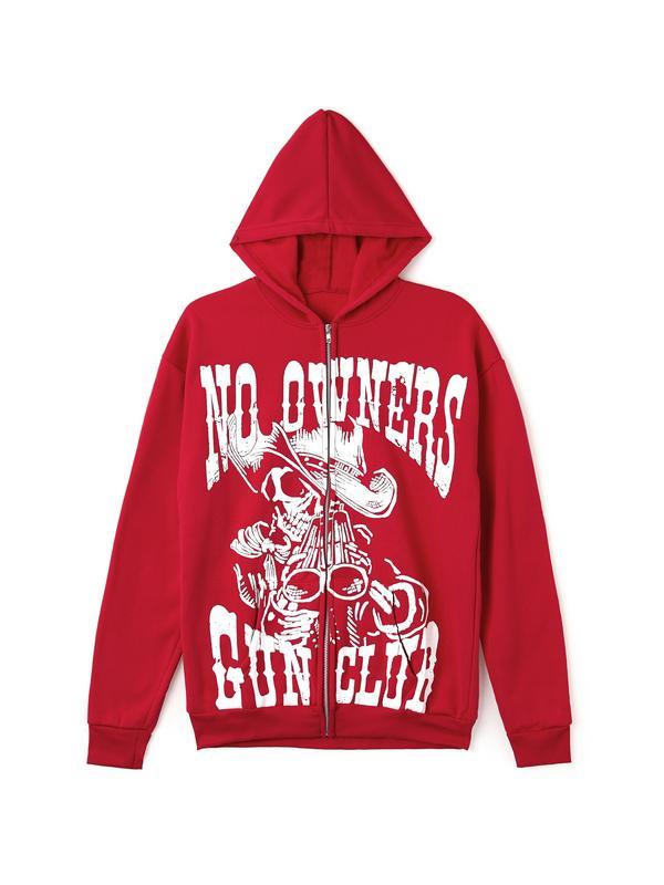 Red Vintage Print Zip Up Oversized Hoodie Product Image