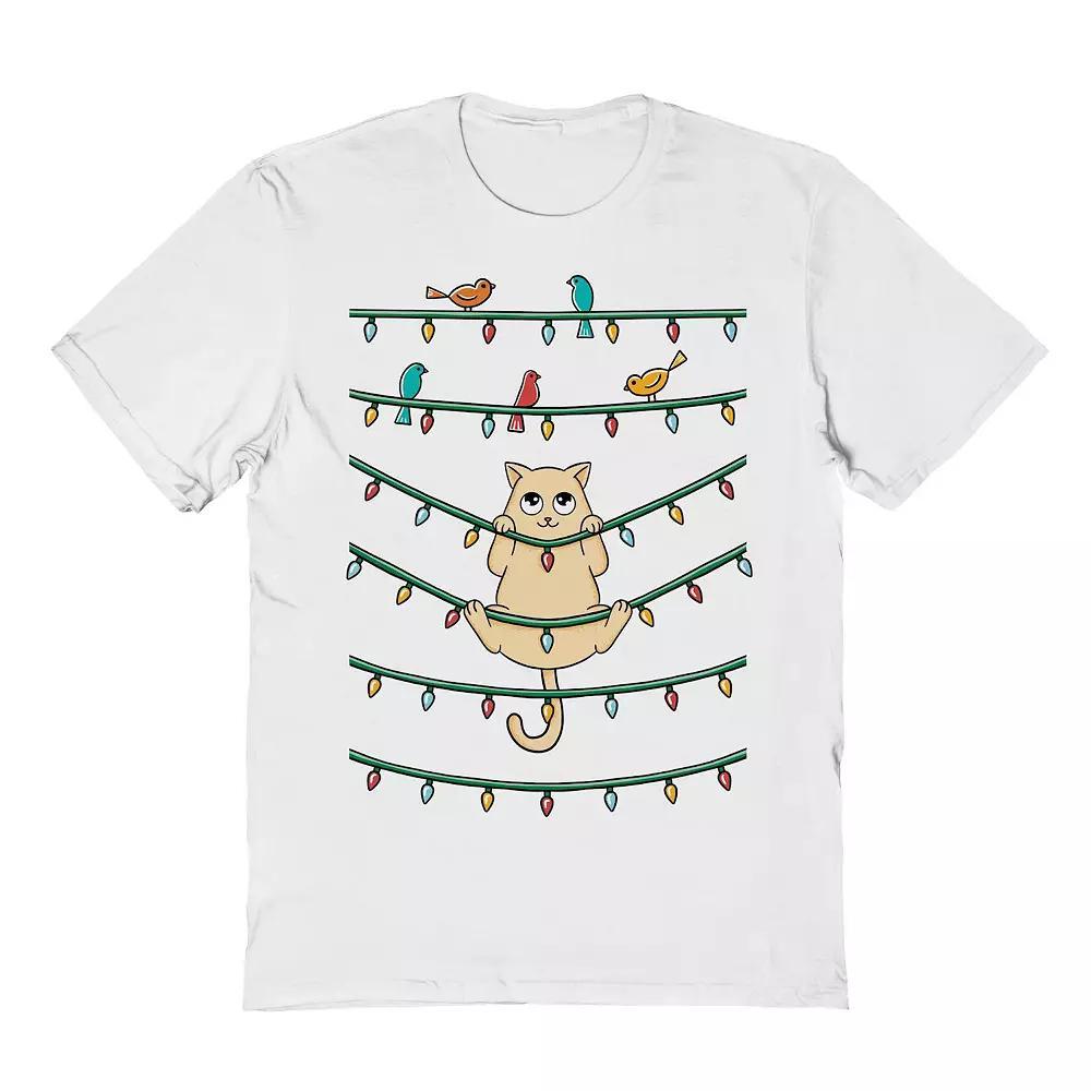 Men's Cat and Birds Christmas Graphic Tee, Size: Large, White Product Image